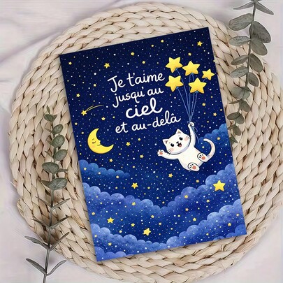1 Thiệp hình mèo dễ thương "Yêu em đến tận trời cao và hơn thế nữa" với hình ảnh sao, bóng bay, bầu trời đêm, mặt trăng và lời nhắn ngọt ngào dành cho người yêu, bạn bè, kỷ niệm, ngày lễ tình nhân, sinh nhật, lời chúc lãng mạn "Nghĩ về em/anh". Kèm theo phong bì.