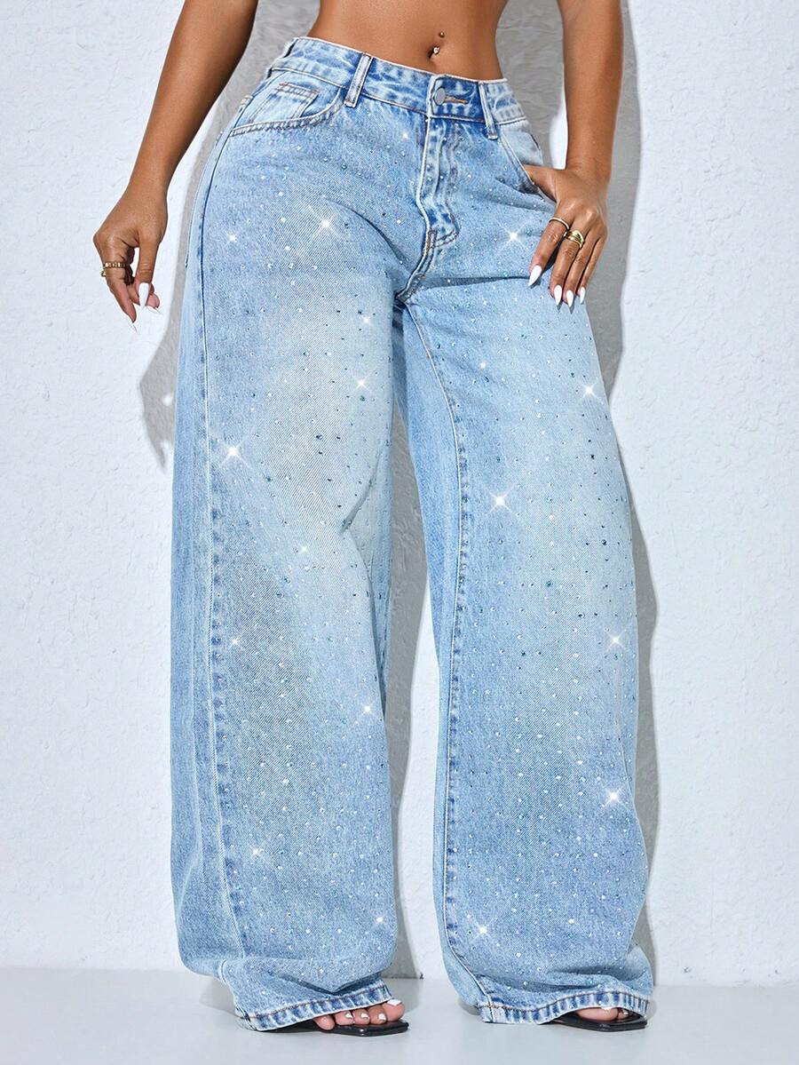 Quần jeans nữ ống rộng cạp thấp, màu xanh dương, kiểu dáng thường ngày, túi xéo, dáng suông. - Màu xanh nhạt - Xem 1
