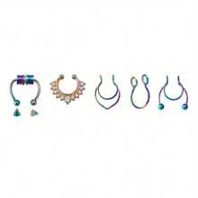 5pcs/20pcs Mixed False Nose Ring Set, False Nose Ring Stainless Steel Septum Ear Accessories, Fashionable Spiral Style Without Perforation - 黑色 5 件/套 - 查看 6