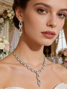 2件套精致法式镂空水钻吊坠首饰套装，温柔优雅设计，适合新娘婚纱/日常百搭项链耳环套装 - 銀色 - 查看 2