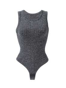 黑色和灰色罗纹无缝无袖连体裤，圆领修身背心款式，女士连体裤，按扣裆部，街头风日常穿搭，女士夏季服装 - 黑色 - 查看 6