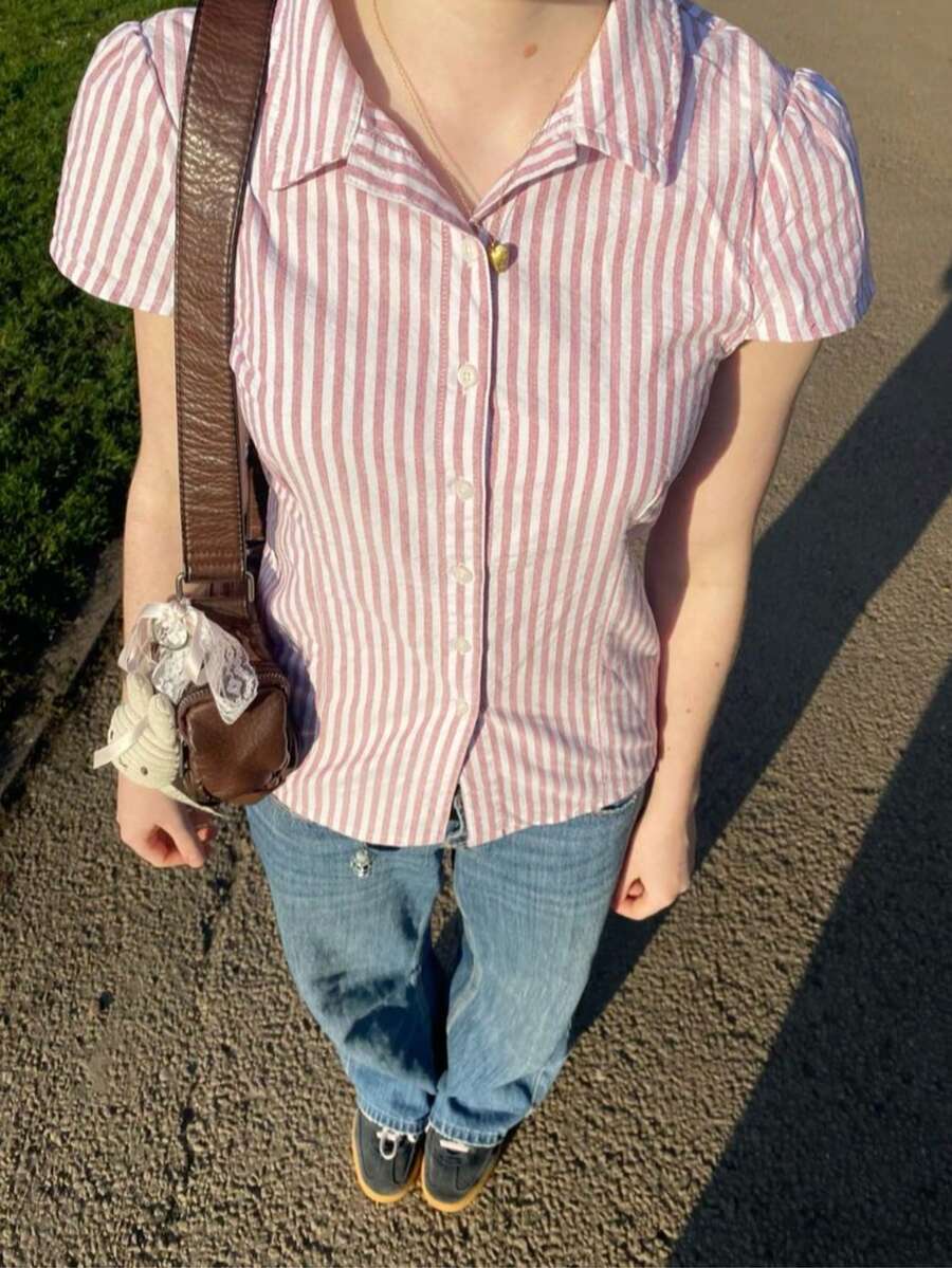 条纹荷叶边/甜美宽松休闲度假女式衬衫 - 粉色 - 查看 1