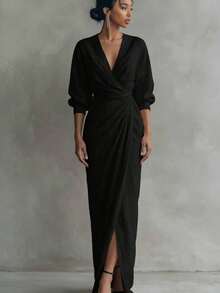 French Retro Linen Texture Wrapped Women's Dress - Fashionable, Elegant, Personalized, Banquet, Banquet, Sexy Spring And Summer New Style Solid Color V-Neck Long Sleeve Waist For Slimming, Bubble Sleeve Split Design Long Dress - màu đen - Xem 5