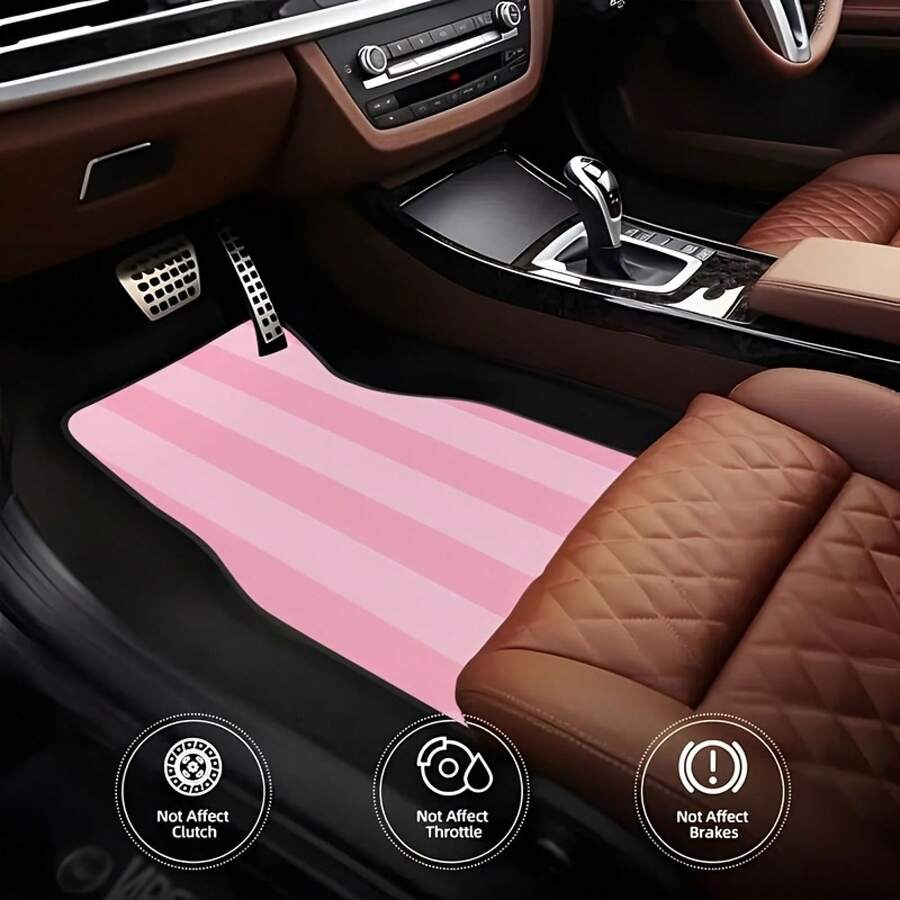4pcs Modern Striped Pink And White Style Car Rubber Mats |   Universal Carpet, Easy To Clean Interior Additions, Synthetic Rubber Material, Suitable For Front And Rear Seats - 彩色 - 查看 1