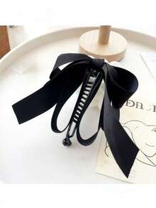 1个女士黑色缎面香蕉夹，优雅多层蝴蝶结竖款发夹，适合日常佩戴 - 黑色 - 查看 3