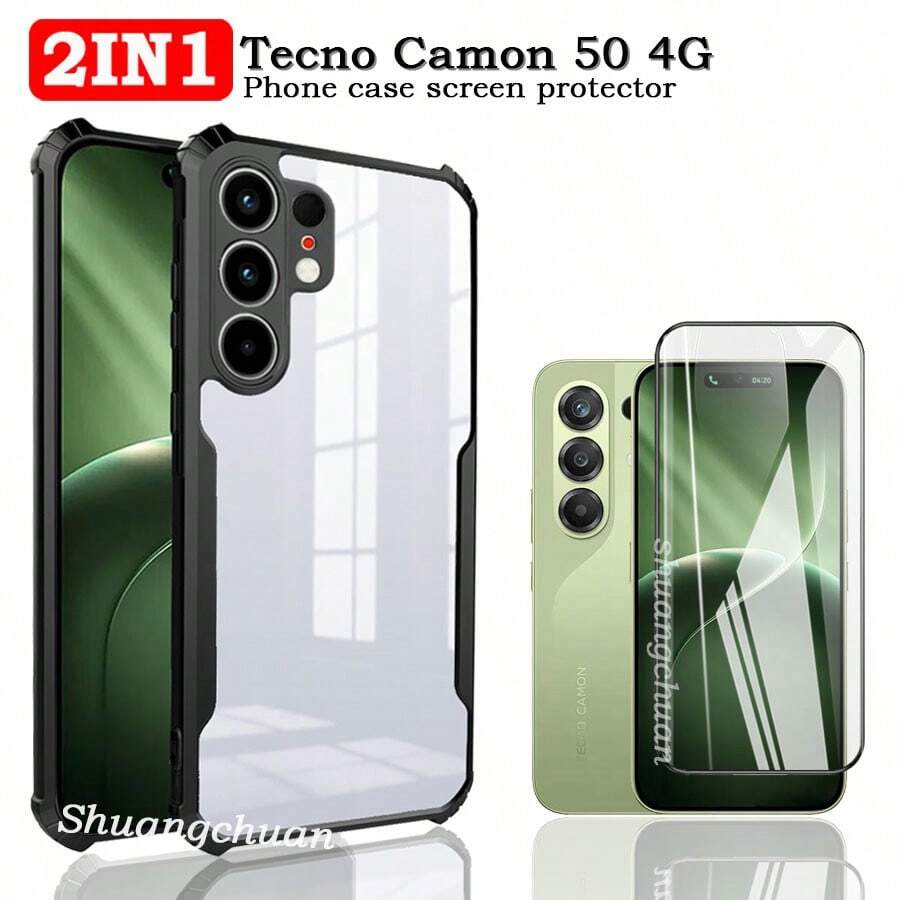 适用于 T Ecno Camon 50 的 2 合 1 屏幕保护膜 全屏钢化玻璃膜 Camon 50 4G 亚克力 TPU 透明防摔手机壳 - 2in1 - 查看 1