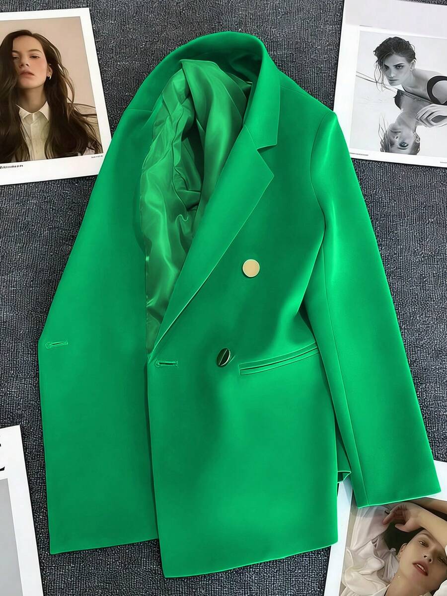 Blazer Wanita Lengan Panjang Polos Kancing Ganda Musim Semi & Musim Panas, Kerah Berlekuk | Ideal untuk Kencan, Pesta, Jalan-jalan & Perayaan Meriah