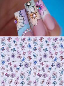 2pcs 3D Colorful Floral Nail Art Stickers, Self-Adhesive Purple, Pink, Blue Flower & Butterfly Nail Decals, Elegant Glossy Nail Art Decorations For Spring/Summer DIY - Multicolor - View 2
