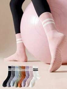 1 Pair Non-Slip Breathable Sports Yoga Socks Silicone Non-Slip Simple Striped Mid-Calf Socks Suitable For Home Gym Outdoor Sports Yoga Socks Dance Pilates Indoor Shock-Absorbing Sports Socks - Multicolor - View 1