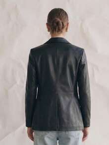 OUTTA BOX 单件装单扣长袖深V领收腰纯色PU女士西装外套，优雅魅力时尚休闲通勤，适合商务、日常、约会、春秋冬、情人节等场合。 - 黑色 - 查看 5