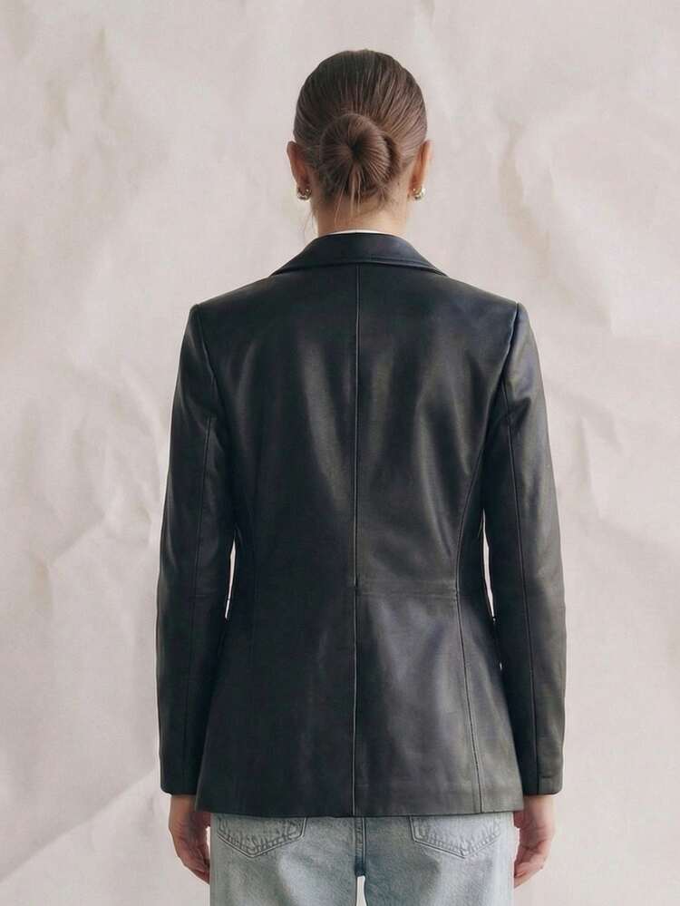 OUTTA BOX 单件装单扣长袖深V领收腰纯色PU女士西装外套，优雅魅力时尚休闲通勤，适合商务、日常、约会、春秋冬、情人节等场合。 - 黑色 - 查看 4