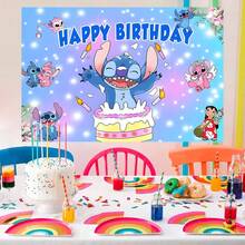 1pc Authorized Cute Stitch Candle Cake Birthday Party Decoration Background Cloth (82.7x59.1 Inches, 59.1x39.4 Inches, 39.4x29.5 Inches), Blue-Purple Stitch And Lilo, Angel Cake Candles, Christening Cake Table Birthday Party Wall Decor Background Cloth, Suitable For Photography Studio Venue Wall Decor Party Supplies - BJB - View 10