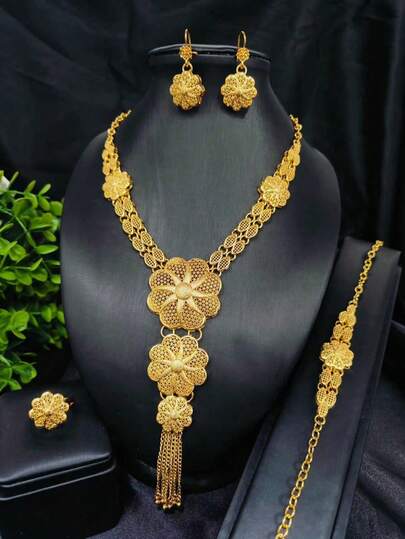 4 قطع طقم مجوهرات للنساء مطلي بالذهب، قلادة، أقراط، سوار، خاتم، أسلوب دبي، الولايات المتحدة، المملكة المتحدة، فرنسا، أفريقيا، إكسسوارات فستان زفاف وحفلات، عيد الحب، عيد الأم، هدية عيد