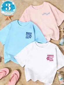3pcs-Tween Girl-Vacation Style Printed T-Shirt, Suitable For Travel And Vacation Wear, Fashionable Spring/Summer Casual Versatile Top - White - View 2