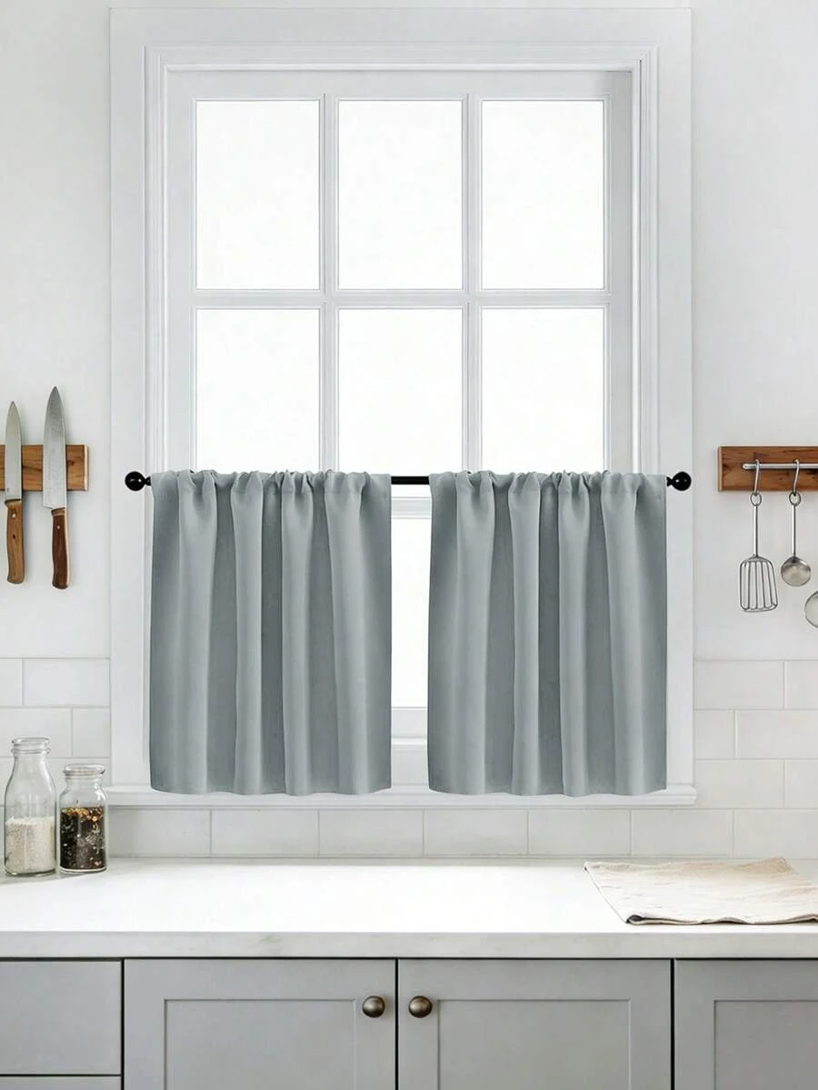 1pc High Blackout Solid Color Curtain Fabric, UV-Resistant Polyester With Rod Pocket Top Design, Easy To Hang, Year-Round Blackout, Suitable For Kitchen, Living Room, Office Decoration - Light Grey - View 1