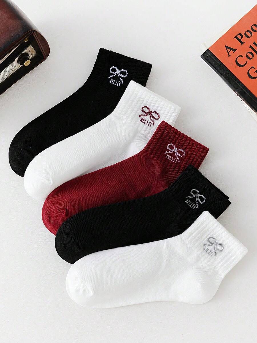 5 pares de meias curtas femininas brancas com laço, abertura rasa, fofas e respiráveis. - Multicolorido - Ver 1