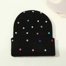 1pc Colorful Rhinestone Beanie Hat, Punk Style Knit Cap With Crystals, Fashion Unisex Warm Hat For Casual, Cycling, Fishing, Autumn/Winter - Black - View 1
