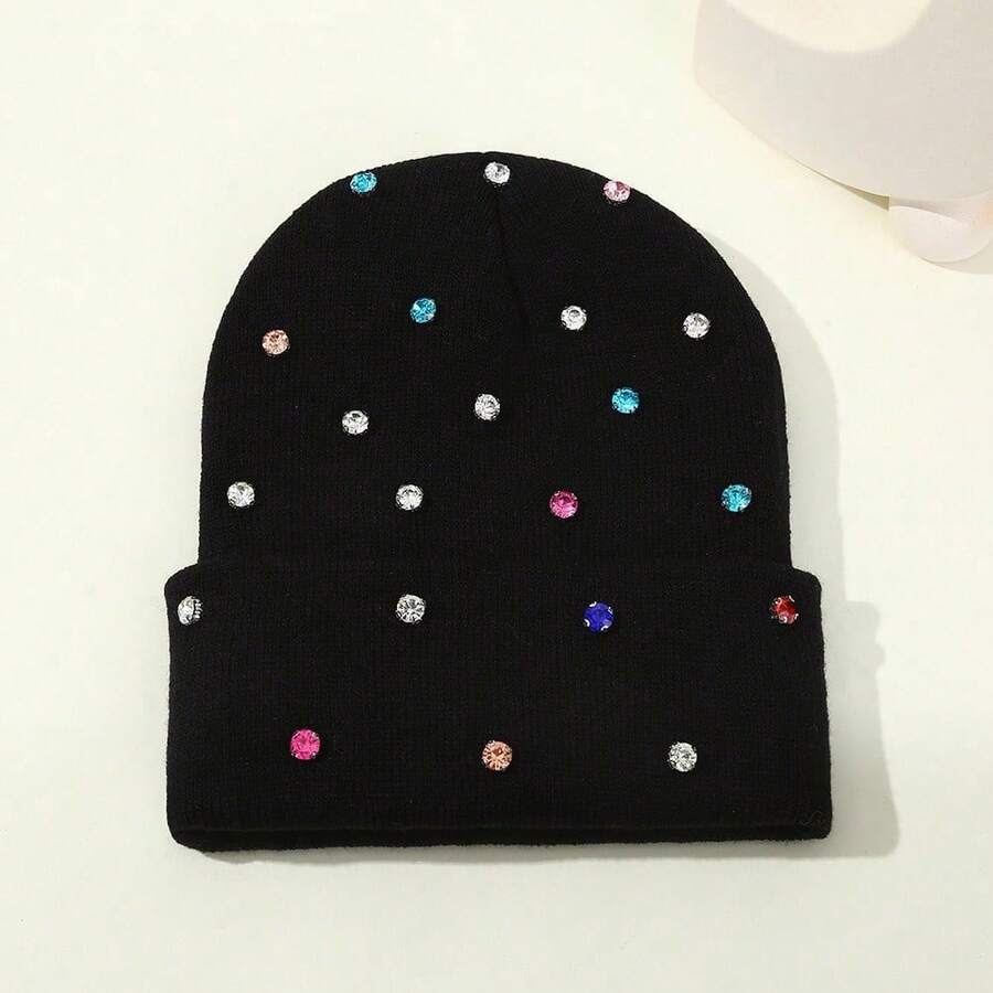 1pc Colorful Rhinestone Beanie Hat, Punk Style Knit Cap With Crystals, Fashion Unisex Warm Hat For Casual, Cycling, Fishing, Autumn/Winter - Black - View 1