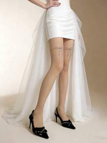 1 par de medias transparentes color piel con estampado de moño de dos colores, medias ajustadas y antideslizantes con patrón de cinta, adecuadas para la temporada de bodas puras y elegantes - Multicolor - Ver 5