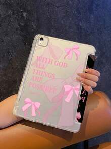 Pink Bowknot Elements Flip Pad Tablet Protective Case Features A Design Combining A Transparent Hard Shell And A Magnetic Foldable Front Cover Slim Lightweight Portable Stylish Practical Design Pink Bows English Scripture WITH GOD ALL THINGS ARE POSSIBLE Positive Faith Strength Easter Gift Spring Anniversary - View 2