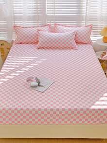 3pcs Bed Sheet Set, Checkerboard Pattern, Lightweight Soft & Comfortable Bedding, Including 1pc Fitted Sheet And 2pcs Pillowcases, No Filling, Suitable For Dorm, Bedroom, Multi-Size Options, Suitable For Summer Use - Pink - View 1