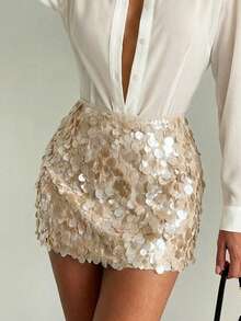 Women's Elegant Champagne Color Sequin Mini Skirt, Sexy Fashion Party Dress - Apricot - View 5