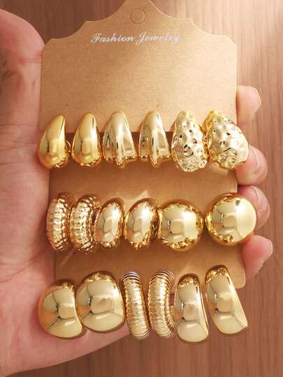6/18pcs Gold Tone Earring Set - Featuring Distinctive Spiral And Ruffle C-Shaped Hoops, Paired With Glossy Dome And Teardrop Stud Earrings, Versatile Jewelry For Daily Wear And Parties