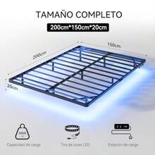 Base Cama Queen Size Flotante Base Cama Metal con Luces LED y Estación de Carga Láminas de Acero de Alta Resistencia No Requiere Somier Fácil de Montar - 150cm 200cm - Ver 2
