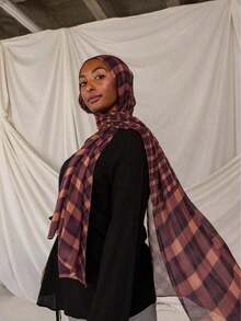 1pc Plaid Print Hijab, Comfortable, Soft And Breathable Female Hijab Scarf, Suitable For Daily Wear With Abaya - 179 酒紅色格子呢 - 查看 8