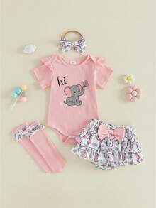 Infant Baby Girl Summer Outfit Elephant Print Short Sleeve Ribbed Romper Ruffle Shorts Bow Headband And Stockings 4 Piece Clothes Set - Pink - View 1
