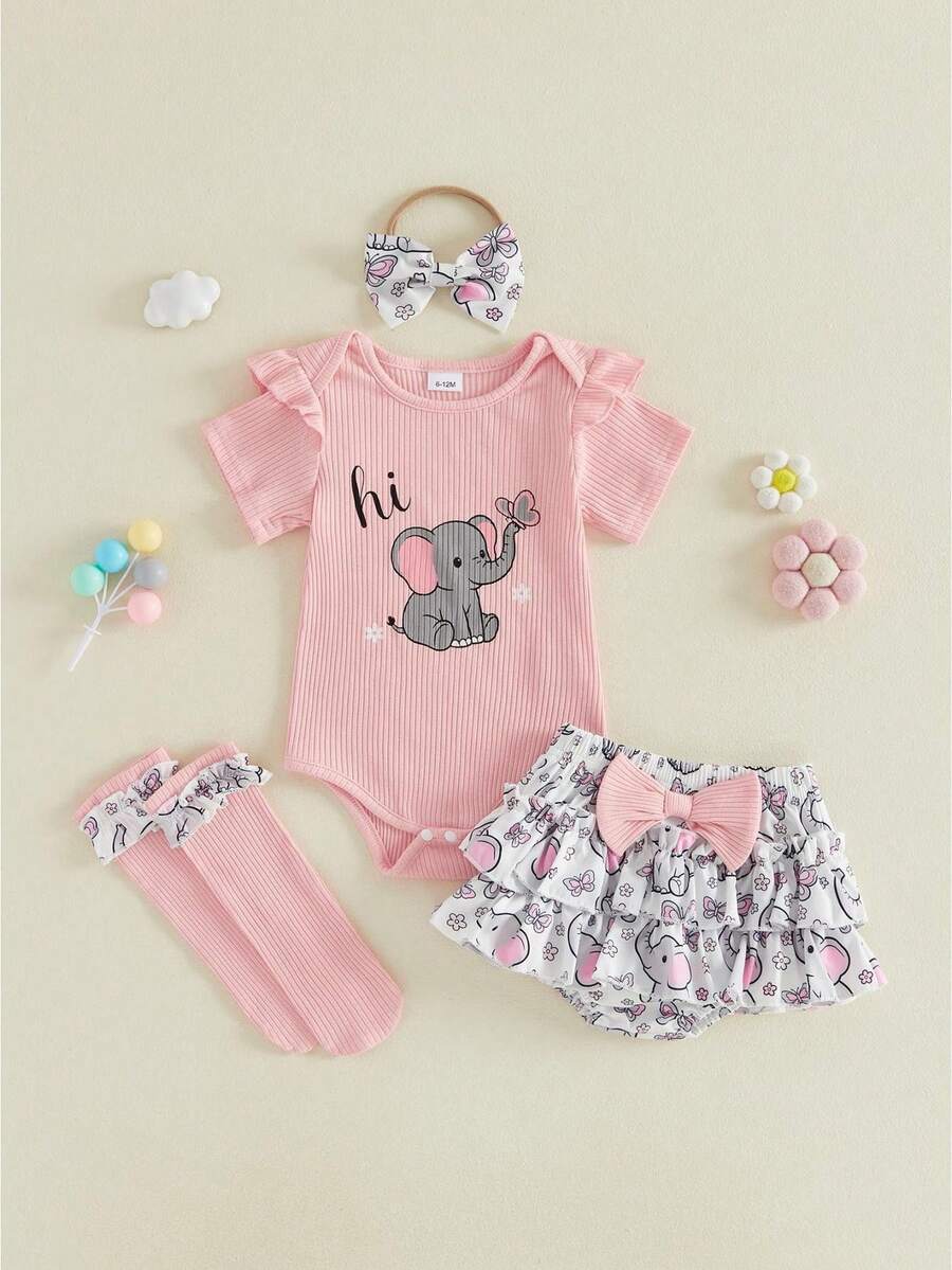 Infant Baby Girl Summer Outfit Elephant Print Short Sleeve Ribbed Romper Ruffle Shorts Bow Headband And Stockings 4 Piece Clothes Set - Pink - View 1