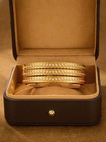 1/2/3 Pieces Fashion Classic Shiny Plated 24k Gold Stainless Steel Mini Double Heart-Shaped Inlaid Bracelet , With Diameter Of 60mm That Can Be Opened , Suitable For Women's Daily Wear , Excluding Box - Multicolor - View 4