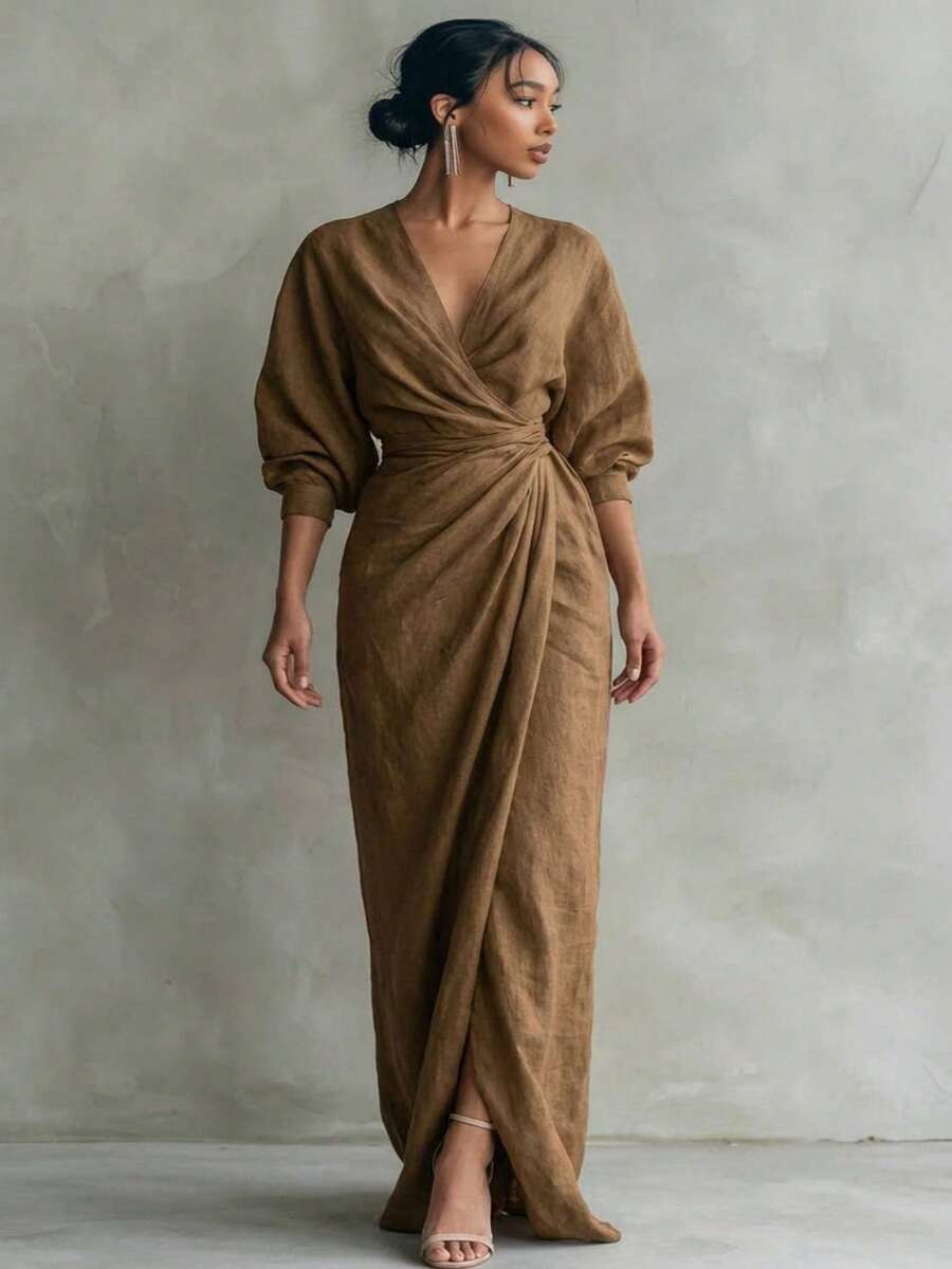 French Retro Linen Texture Wrapped Women's Dress - Fashionable, Elegant, Personalized, Banquet, Banquet, Sexy Spring And Summer New Style Solid Color V-Neck Long Sleeve Waist For Slimming, Bubble Sleeve Split Design Long Dress - con lạc đà - Xem 1