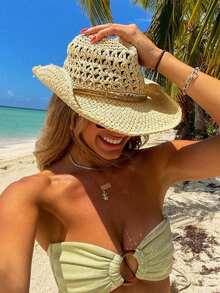 1pc Vintage Hollow Brim Wide Brim Straw Hat, Suitable For Spring/Summer Outdoor Travel Vacation Beach, Handwoven Breathable UV Protection Western Cowboy Panama Straw Hat For Men And Women - Hollow Straw Hat - View 2
