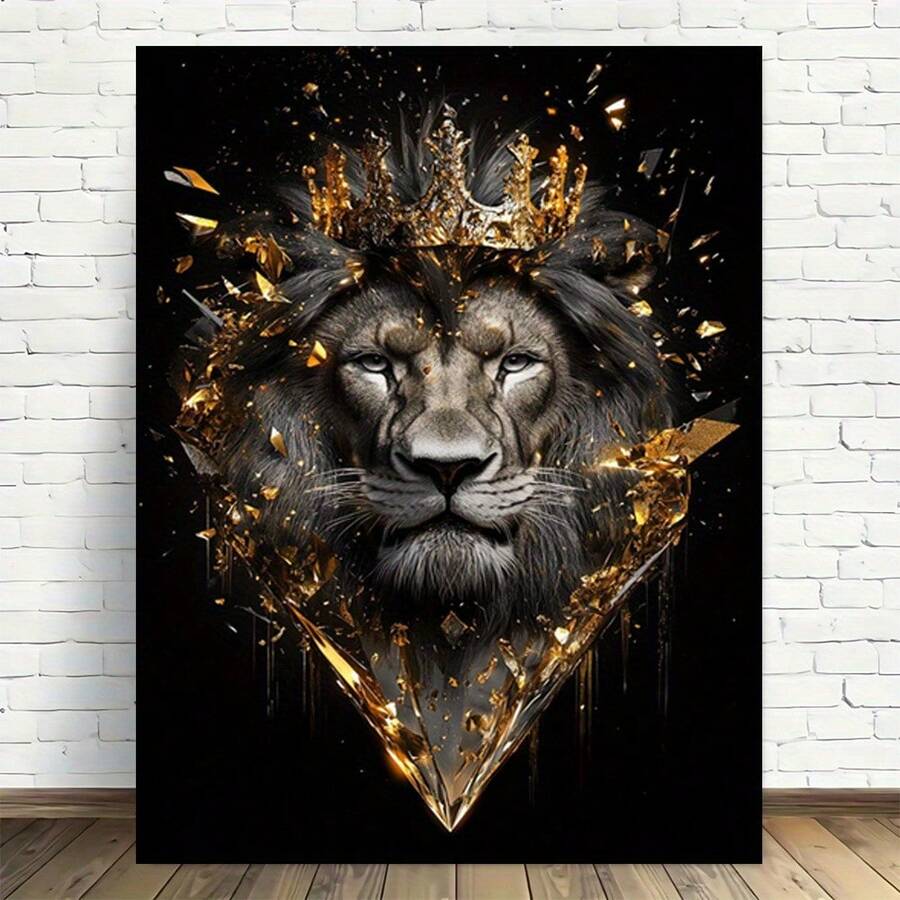 2D Plano, 1 Pieza, Un León con una Corona en la Cabeza. Arte de Pared en Lienzo Sin Marco, Diseño Moderno y Vintage, Póster de Alta Calidad, Decoración Elegante para Hogar u Oficina - Sin marco - Ver 1