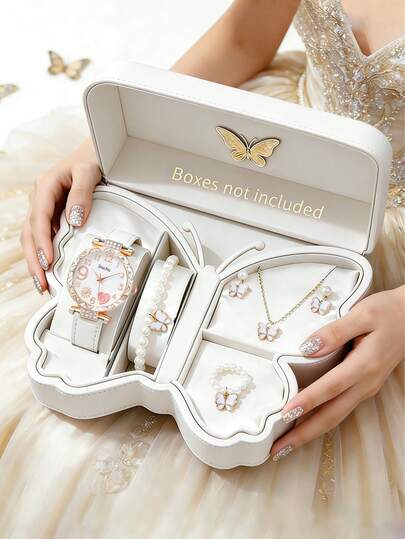 Bộ 6 món đồng hồ nữ thời trang thanh lịch, mặt số đính pha lê hình pháo hoa, dây da PU, kèm vòng tay, dây chuyền và bông tai hình bướm ngọc trai duyên dáng, thích hợp cho nữ giới đeo hàng ngày, làm quà tặng sinh nhật/ngày lễ, dự tiệc, du lịch, tốt nghiệp, quà tặng hoàn hảo cho Ngày của Mẹ.