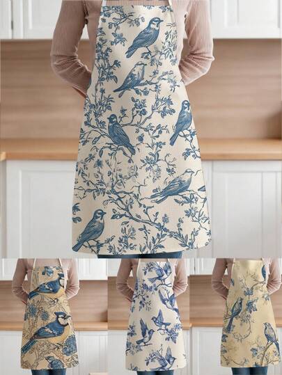 1件复古鸟类插画图案涤纶围裙，适合烹饪、烘焙和园艺——可作为厨房和餐厅的服装。