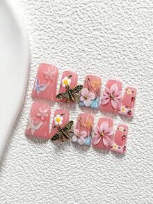 10Pcs French Countryside Style Handmade Press On Nail,Polygel Nail Set,3D Golden Retro Dragonfly,Pink Flowers,Blue And Pink Nail Polish,Summer Vacation Style,Includes Nail Tools,3 Sizes Available,Almond,Duck,Coffin Nails For Party,Dance,Daily Wear. - 彩色 - 查看 14