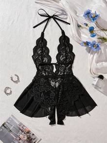 Women's Black Bodysuit & Sheer Long Robe Set - Sexy V-Neck Halter And Open-Crotch Bodysuit With Satin Bow Belt Kimono Style Bathrobe For Valentine's﻿ - Black - View 6