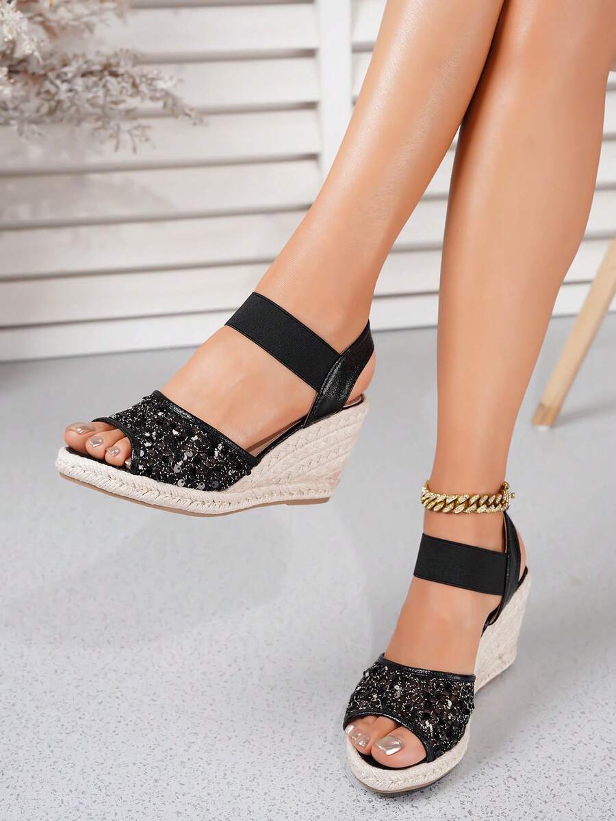 Women's Black Mesh Breathable Comfortable Casual Vacation Woven Straw Rope Platform Wedge Sandals