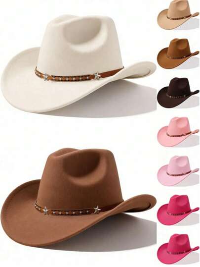 1顶柔软羊毛毡西部牛仔帽，男女通用，皮带帽带，美式复古五角星图案，适合返校、度假、休闲场合佩戴