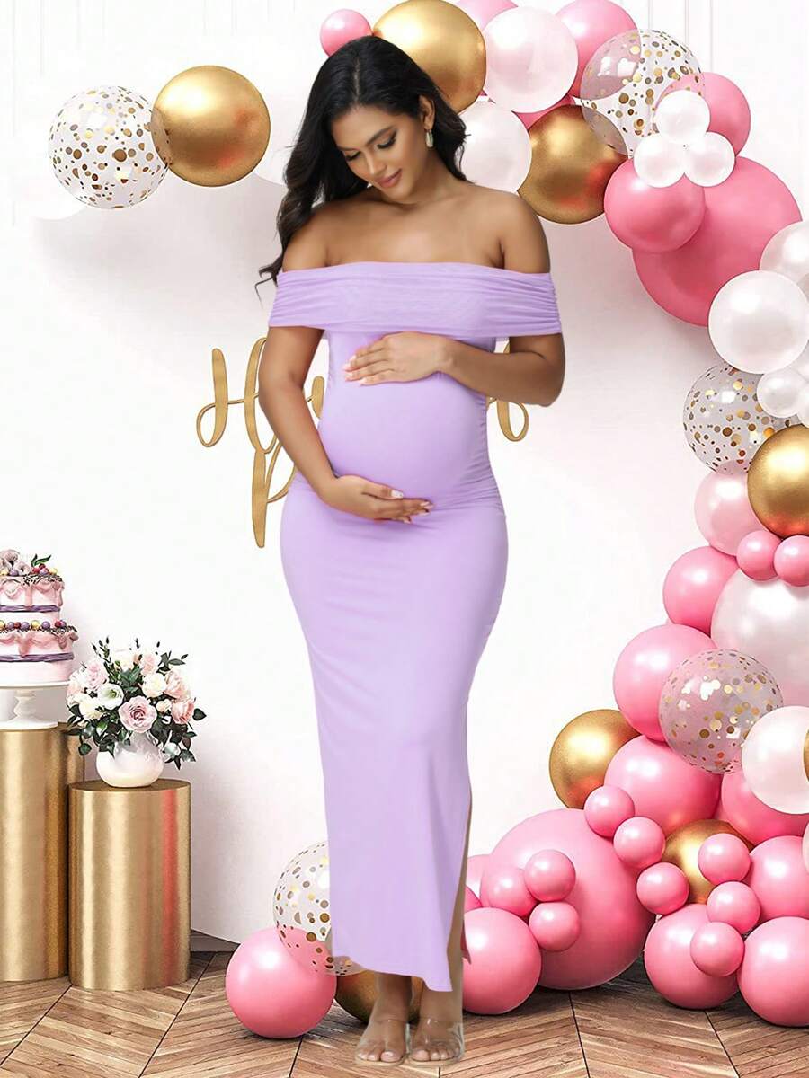 Đầm bầu trễ vai bằng vải lưới thanh lịch không tay mùa hè, thích hợp chụp ảnh kỷ niệm tiệc mừng em bé. - Màu tím hoa cà - Xem 1