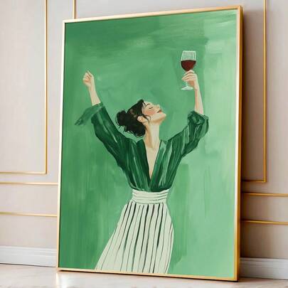 1pc Framed/Unframed Boho Green Woman Dancing With Wine Canvas Poster Abstract Female Bar Cart Kitchen Wall Art Print Entryway Hallway Decor Painting For Apartment,Living Room,Bedroom,Modern Home Decoration