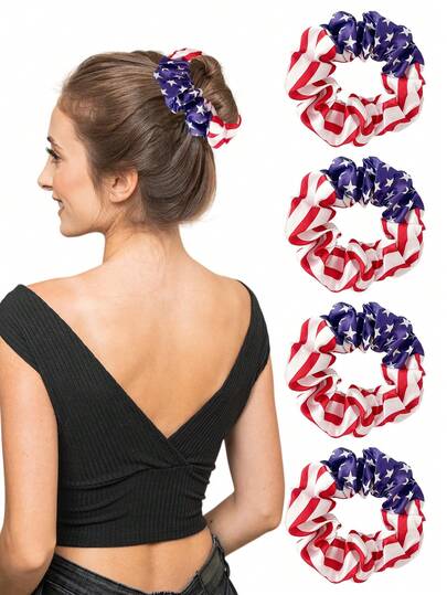 Bộ 4 dây buộc tóc bằng satin thêu họa tiết hình học, sọc đỏ trắng xanh và in hình ngôi sao trắng, thiết kế cờ Mỹ ngày Quốc khánh, thoáng khí và thoải mái, thích hợp cho các ngày lễ và tiệc tùng (Bộ 1/2/4 chiếc)