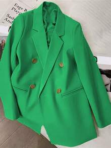 Blazer Wanita Lengan Panjang Polos Kancing Ganda Musim Semi & Musim Panas, Kerah Berlekuk | Ideal untuk Kencan, Pesta, Jalan-jalan & Perayaan Meriah - Hijau zamrud - View 6