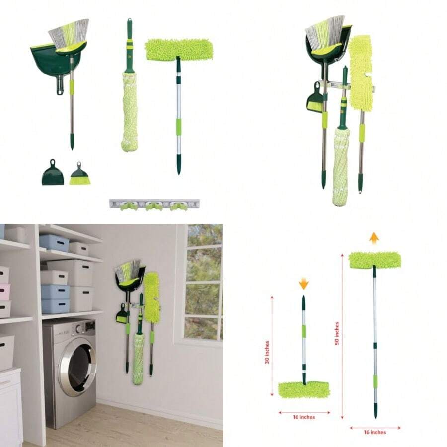 Sisi Home Textile Broom And Mop Cleaning Set - All-In-One Floor Cleaning Kit With Angled Broom And Dustpan Twist And Microfiber Mops Mini Dustpan With Brush And Wall Mount Storage Rack - 7 Pieces - Green - View 1