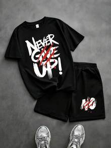 2pcs Tween Boys' Letter & Paw Print Pattern Short Sleeve T-Shirt And Shorts, Ideal For Spring/Summer Wear, Suitable For Daily, Party, School, Music Festival, Vacation And Commuting - Black - View 1