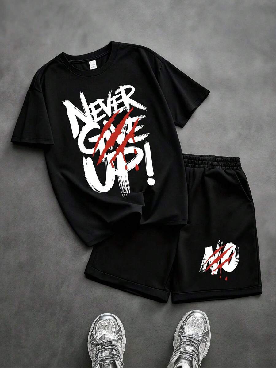 2pcs Tween Boys' Letter & Paw Print Pattern Short Sleeve T-Shirt And Shorts, Ideal For Spring/Summer Wear, Suitable For Daily, Party, School, Music Festival, Vacation And Commuting - Black - View 1