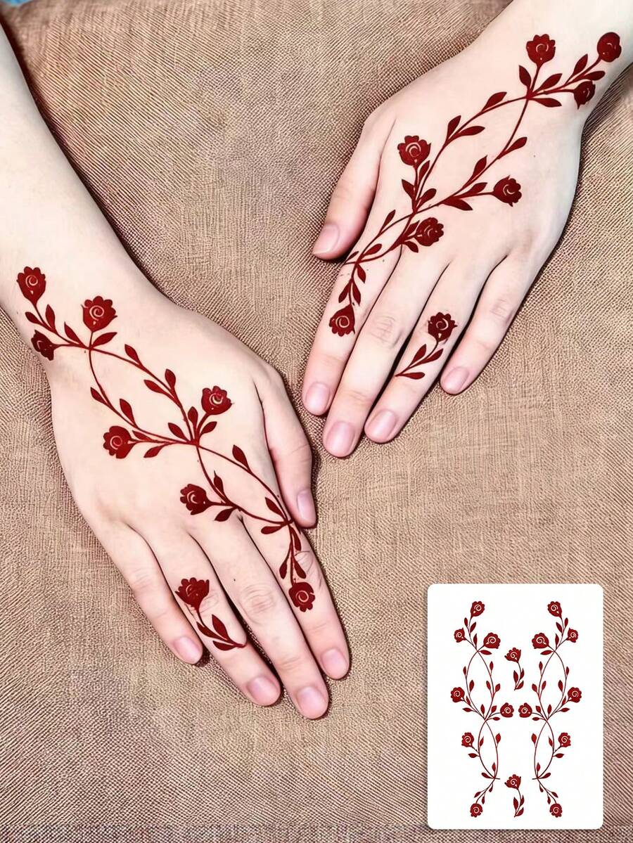 1 Piece Of Tattoo Sticker Flower Hand Temporary Tattoo Sticker Washable Pvc Disposable Waterproof And Sweat-Proof Hands And Feet Non-Reflective Suitable For Hipsters Daily Use Can Be Maintained For 1-3 Days - Red - View 1