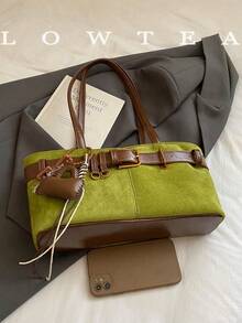 1pc Low Tea Solid Color Suede Fabric Shoulder Bag, Women's Retro Fashion Square Shoulder Bag With Top Double Handles, Zipper Closure, Suitable For Travel, Shopping, Dating, Women's Gift, Great For Commuting, Outdoor, Travel, Hiking , Green - màu xanh lá - Xem 3
